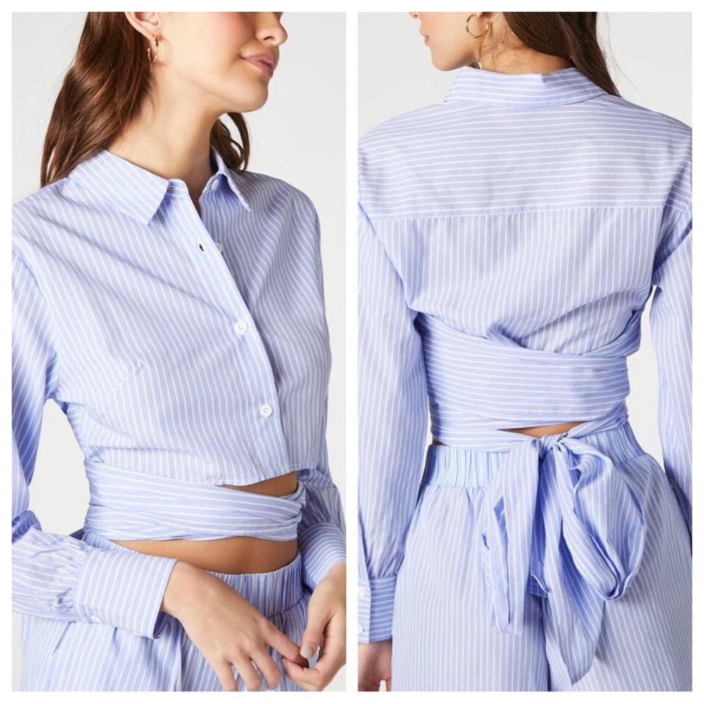 NWT Forever 21 Pinstripe Tie-Back Poplin Shirt